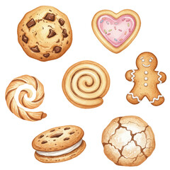 Cookies and pastries vector set. Chocolate chip cookie, frosted heart-shaped cookie, gingerbread man, cinnamon roll swirl, twisted pastry, cream-filled sandwich cookie, and cracked sugar cookie.