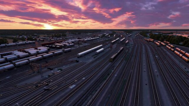 Train yard filled with trains and tracks under colorful sunset sky.