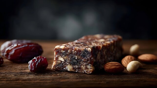 A wholesome energy bar crafted from dates and almonds sits on a rustic wooden table showcasing natural ingredients