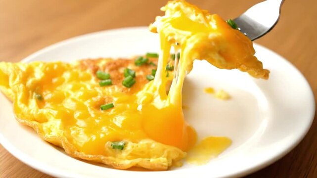 A yellow omelet with green chives is on a white plate with a fork piercing a bite