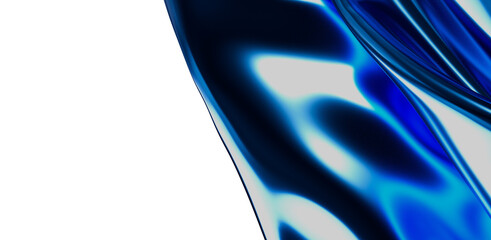 Abstract image of blue waves forming a dynamic composition with a white backdrop. The fluid forms...
