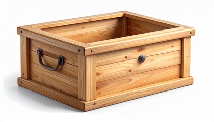 Wooden box with drawer and metal handle on a white background.