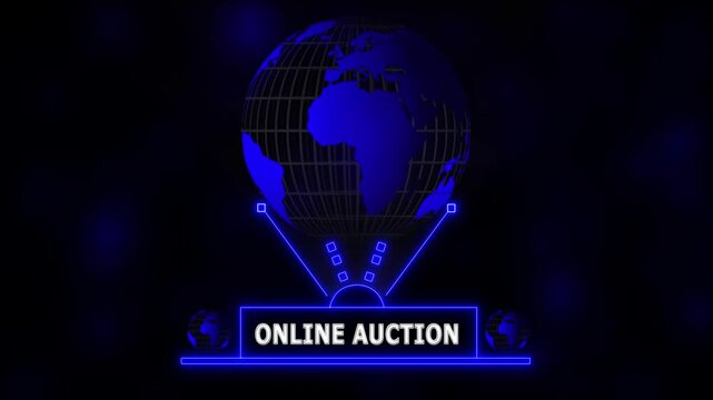 Futuristic Global Online Auction Hologram Concept with Glowing Blue Digital Globe, Innovation Network Connections, Technology Growth and global connection background.  - Powered by Adobe