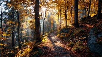 Obraz premium Sunlit forest path in autumn with golden leaves on trees and covering the ground, bright sun rays illuminating the peaceful fall landscape.