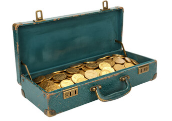 Isolated blue suitcase with gold coins inside, riches and treasure, antique and vintage
