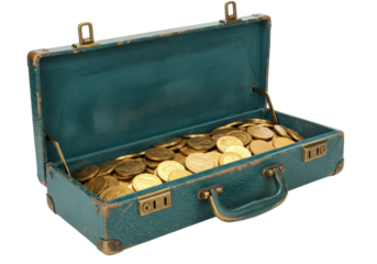 Isolated blue suitcase with gold coins inside, riches and treasure, antique and vintage
