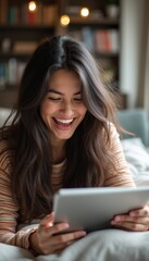 Joyful woman enjoying a tablet in a cozy setting
