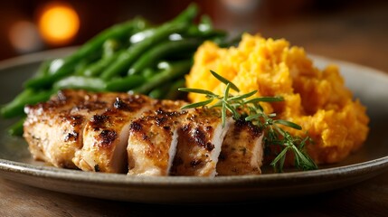 Gourmet plate of grilled seasoned poultry served with creamy sweet potato mash and crisp green beans garnished with rosemary
