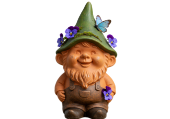 Isolated garden gnome wearing green hat with blue butterfly and purple viola flowers