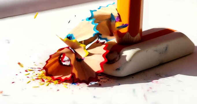 Close-up of a pencil sharpening with colorful shavings and an eraser