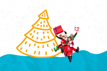 Full image artwork 3d photo collage of happy old man santa claus ride motorbike elf team small girl young guys masquerade