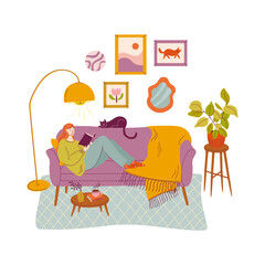 Person leaning comfortably on sofa, reading book while cat lounges nearby. Contemporary leaving room interior. Cozy Autumn pastime. Hand drawn flat design vector illustration.