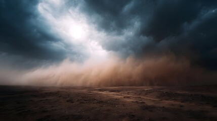 A massive sandstorm sweeps across a barren desert landscape under dramatic stormy skies illuminated by diffused sunlight