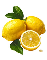 Three bright yellow lemons, one sliced, with vibrant green leaves