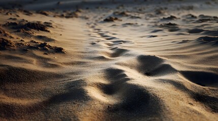 Footprints trail through rippled sand dunes under warm sunlight