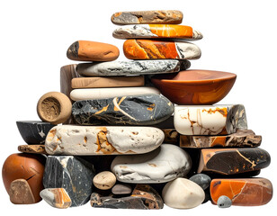 Stacked colorful stones, various shapes and textures, create a visually appealing pile