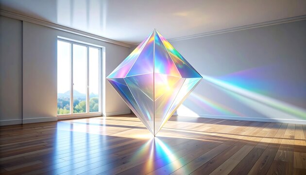 Geometric Crystal Form with Colorful Light Reflections in a Room