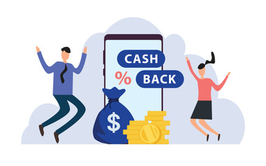 Online cash back or money refund concept. Happy people receiving cashback. Saving money, get vouchers and discounts, reward program
