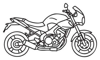 Black outline drawing of a modern motorcycle with a sleek aerodynamic design and detailed components viewed from the side.