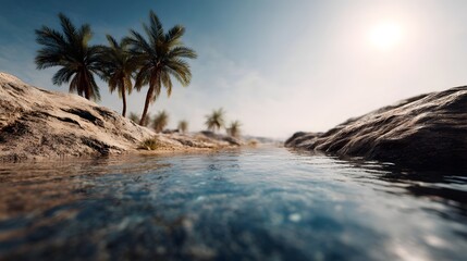 Obraz premium A serene desert oasis with lush palm trees beside a clear water stream under a bright sunny sky