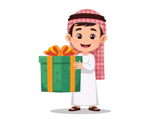 Seorang anak laki-laki tersenyum memegang hadiah Natal merah dengan pita busur yang besar