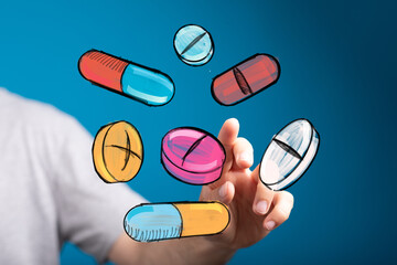 Abstract image of hand interacting with colorful pills and capsules.  Perfect for healthcare, medicine, pharmacy concepts.