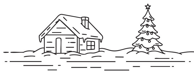 Fototapeta premium Simple black outline illustration of a snow-covered wooden cabin beside a decorated christmas tree with ornaments and a star on top.