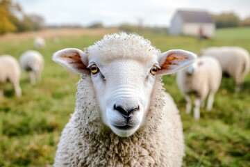 Fototapeta premium Sheep Grazing Peacefully in a Lush Green Meadow Near Rustic Farmhouse Under Clear Blue Sky