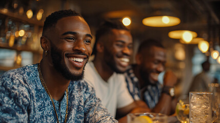 Obraz premium Friends celebrating birthday with drinks in cozy bar