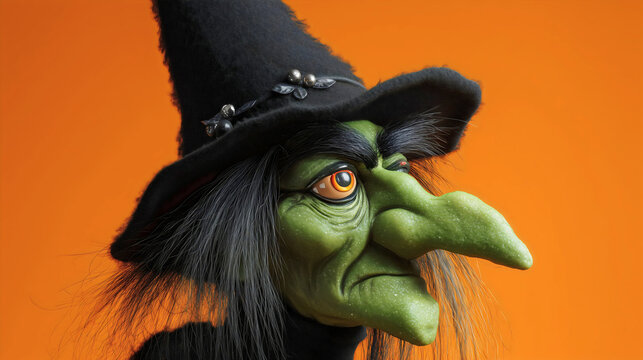 A portrait of a scary and wicked witch in profile, a classic evil hag with a green face and a hooked nose, a terrifying and spooky Halloween horror character, a realistic image on an orange background