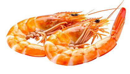 Two whole prawns, vibrant orange-red with white stripes, lie overlapping, against a black background
