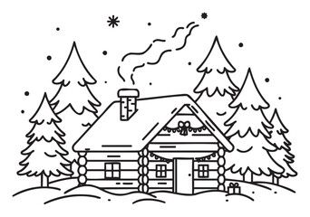 Black outline drawing of a cozy log cabin with a chimney in a snowy forest surrounded by pine trees and falling snowflakes.