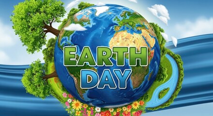 A vibrant Earth Day poster with a globe, trees, and flowers against a blue sky.