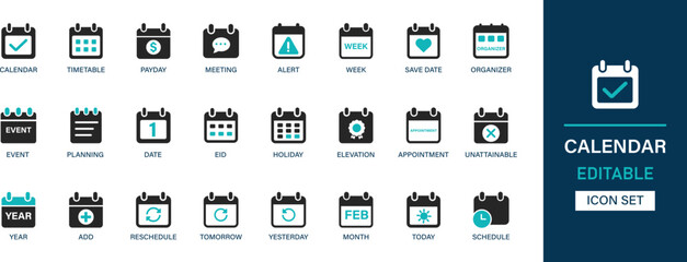 Calendar icon set collection. Timetable, payday, meeting, alert, week, save day, organizer, event, planning, date, eid, holiday and best solid icon set.