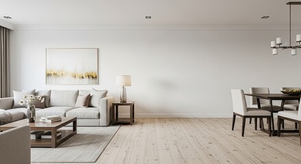 Fototapeta premium A minimalist living room with a white couch, coffee table, and dining table. The room has a wooden floor and a large painting on the wall.