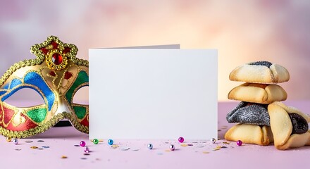Obraz premium Purim Celebration Still Life - Mask, Hamantaschen, and Blank Card.