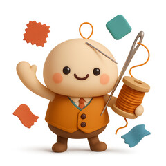 Kawaii 3D illustration of a claymation tailor mascot with needle and thread. Concept of handmade craft, DIY, sewing hobby and creative service.