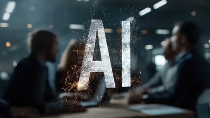 Photography of business people in a meeting room background shows a large letter ai hologram and various large icons of networks representing artificial intelligence smart company.