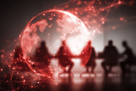a group of business people in an office meeting room, with a digital globe and network connections to the world floating above them, with a meeting room background. - Powered by Adobe