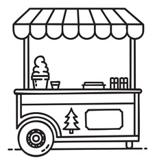 Obraz premium Black outline icon of a traditional ice cream cart with awning, featuring a cone and trees displayed on the side.