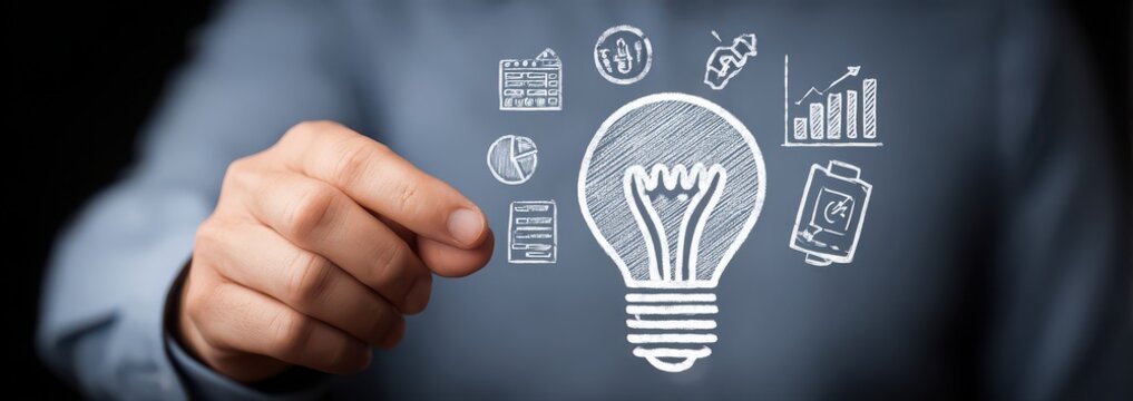 a person holding an illuminated light bulb with business icons and graphs floating around it, symbolising innovative ideas for smart solution.