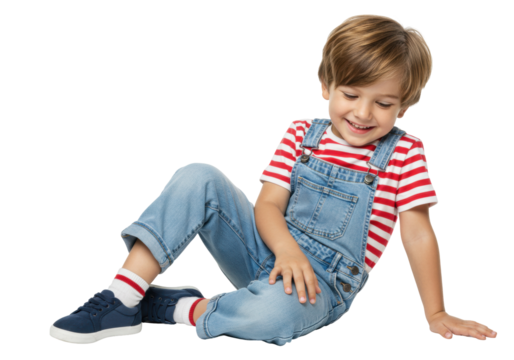 Smiling little boy in denim overalls and striped shirt isolated on transparent background, happy child sitting and looking down