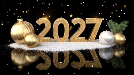 Celebrating New Year 2027: A festive composition with golden numerals and decorative ornaments marks the dawn of a new year, reflecting in a polished surface with elegant touches.