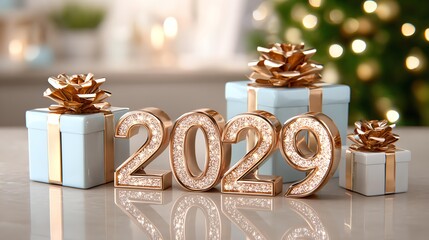 Festive 2029: A celebratory scene unfolds with elegant gifts and shimmering numerals on a blurred backdrop, evoking joy and the anticipation of the future.