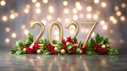 Golden year 2027 with festive decoration : A golden numeral 2027 is adorned with fresh greenery, berries, and soft bokeh lights that evoke the spirit of a festive season.