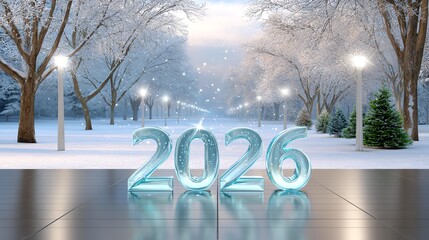 Frosty Outlook of 2026: A winter wonderland scene reveals a futuristic year with 2026 gracefully crafted in icy typography.
