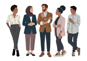 Fototapeta na wymiar Vector illustration of a diverse business team standing and communicating — multiracial men and women, including Muslim woman in hijab, African American woman, and Asian man, isolated 