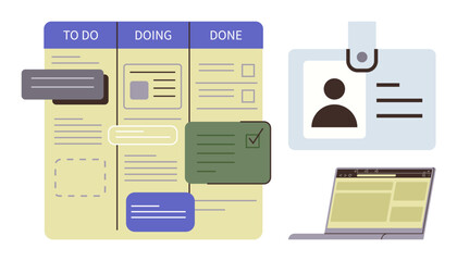 Task board with columns for To Do, Doing, Done ID badge with user details laptop with open website, emphasizing organization, productivity, project management, teamwork, workflow visualization, task © robu_s