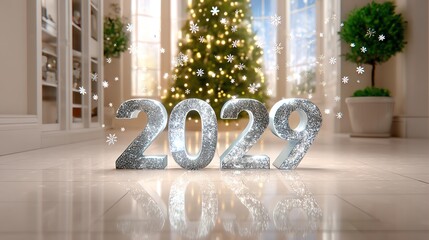 New Year's Greeting 2029: A luminous 2029 stands in the foreground of a festive indoor scene with a glittering Christmas tree. Snowflakes gently dance.
