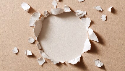 A circular hole tears through beige surface, with fragments of paper around it